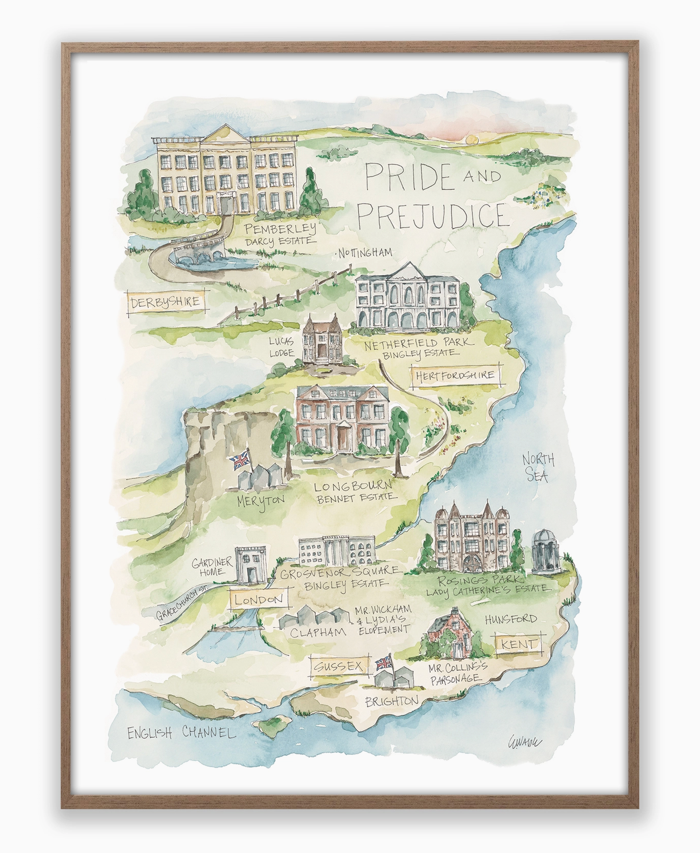 -Literary Map Water Color Prints