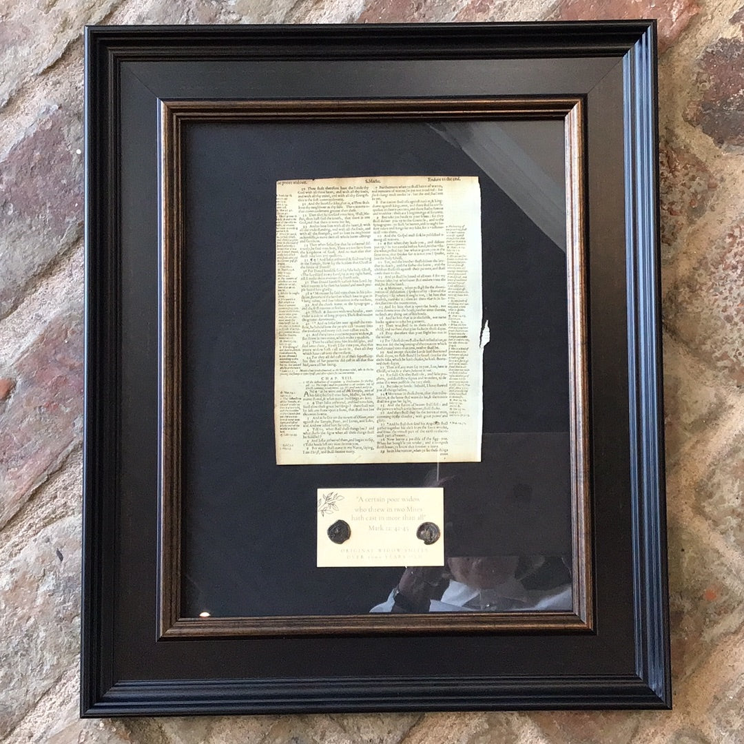 ^Framed Geneva bible page with 2 widows Mites